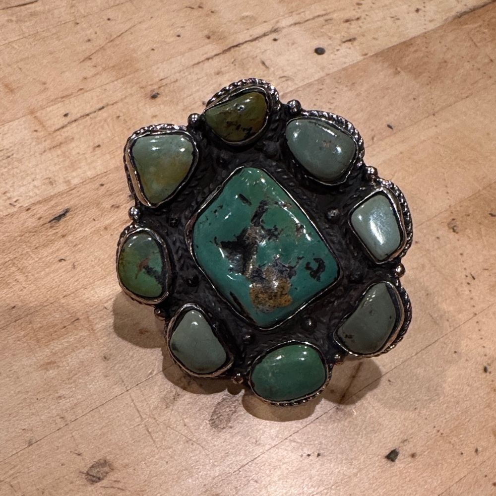 Adjustable Turquoise Ring With Engraved Sterling … - image 1